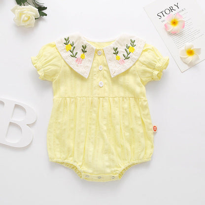 MyKids-USA® Baby Girl Floral Embroidery Design Solid Color Short-Sleeved bodysuit In Outside Wearing