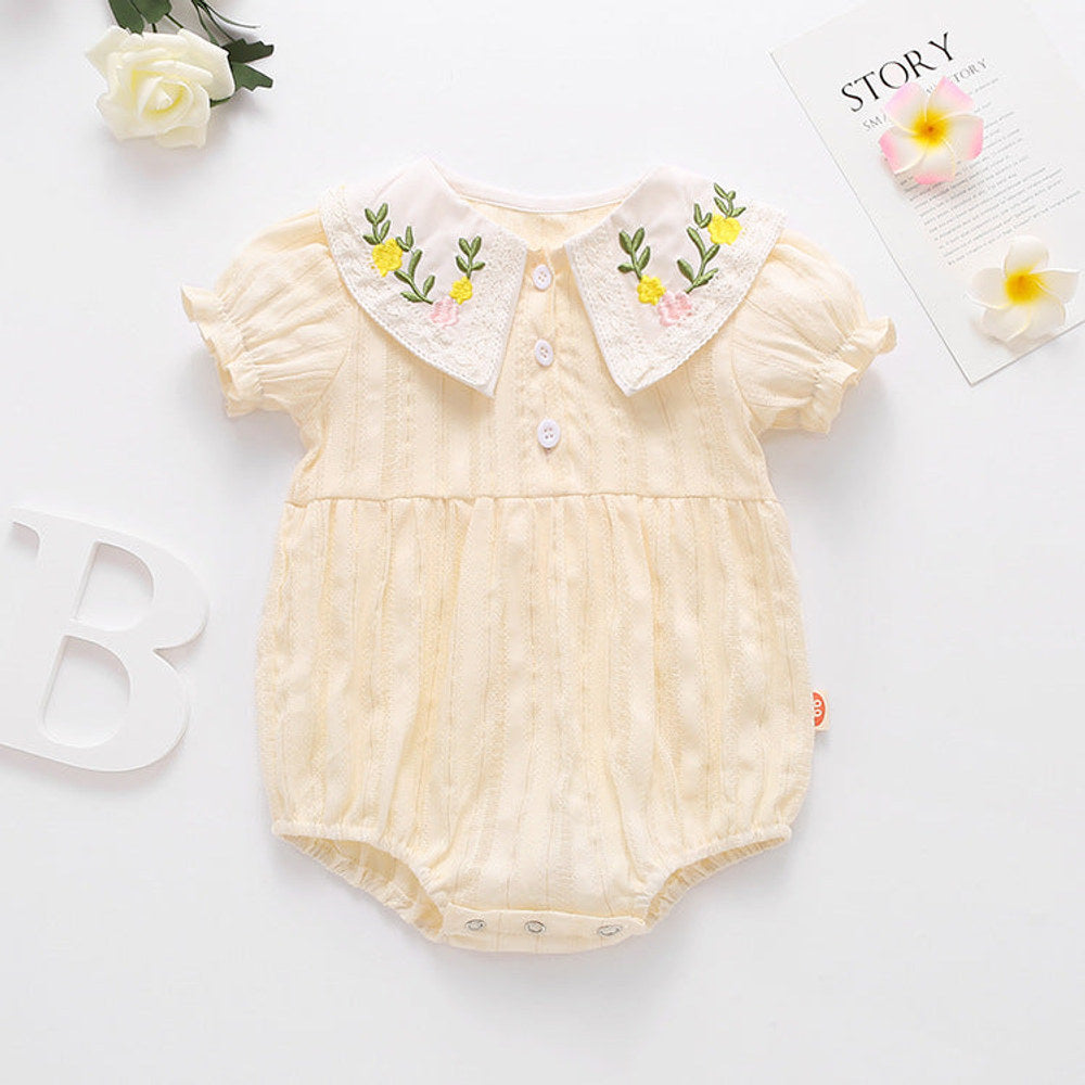 MyKids-USA® Baby Girl Floral Embroidery Design Solid Color Short-Sleeved bodysuit In Outside Wearing