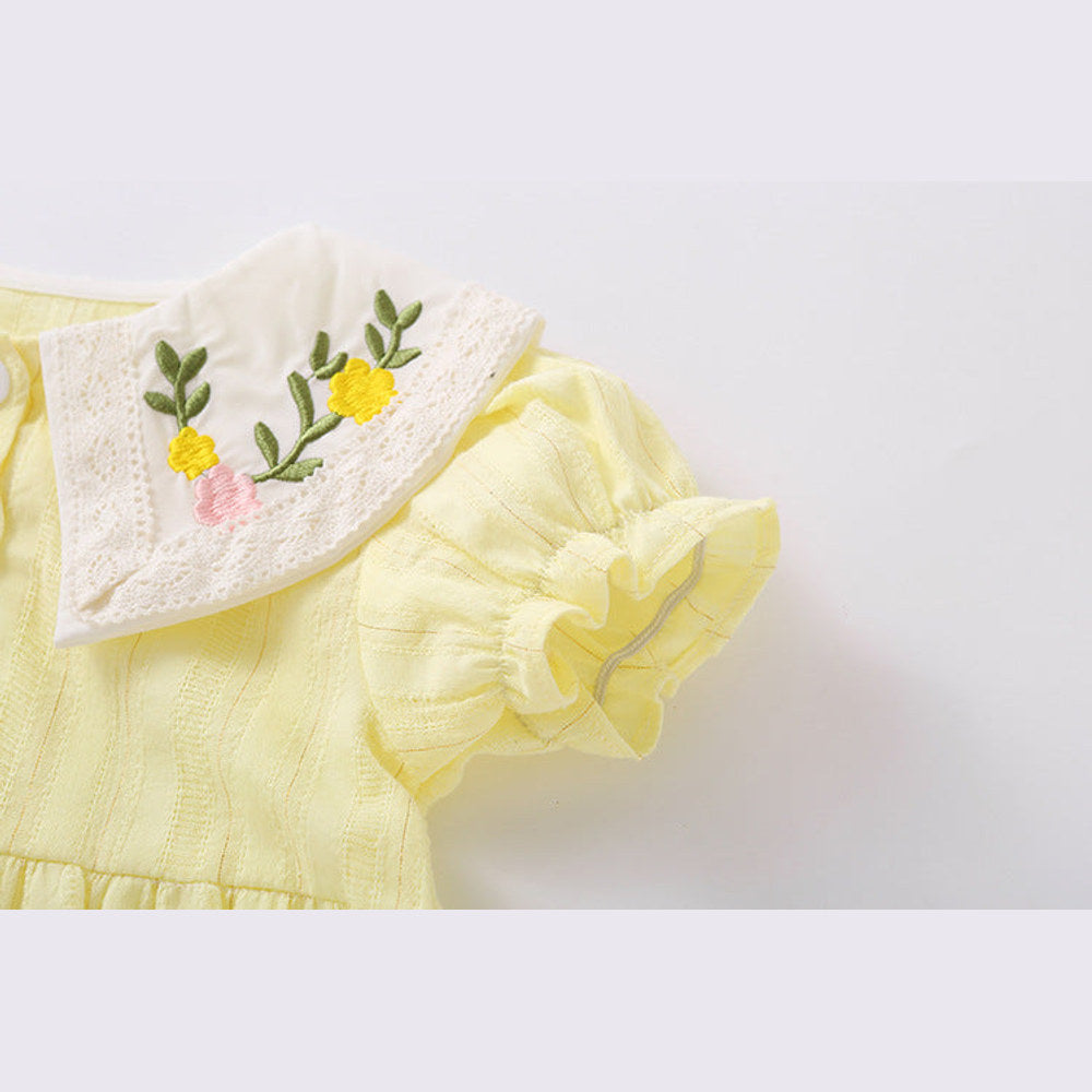 MyKids-USA® Baby Girl Floral Embroidery Design Solid Color Short-Sleeved bodysuit In Outside Wearing