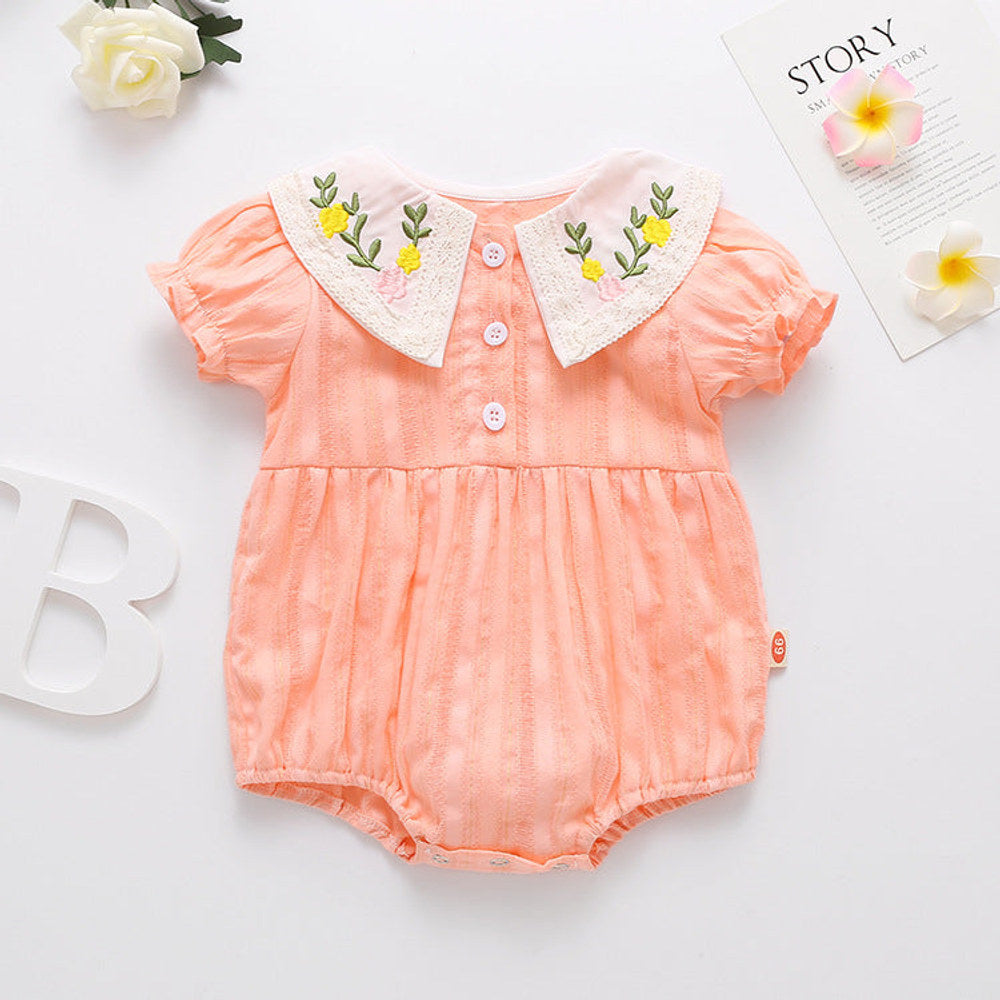 MyKids-USA® Baby Girl Floral Embroidery Design Solid Color Short-Sleeved bodysuit In Outside Wearing