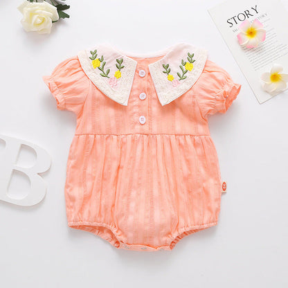MyKids-USA® Baby Girl Floral Embroidery Design Solid Color Short-Sleeved bodysuit In Outside Wearing