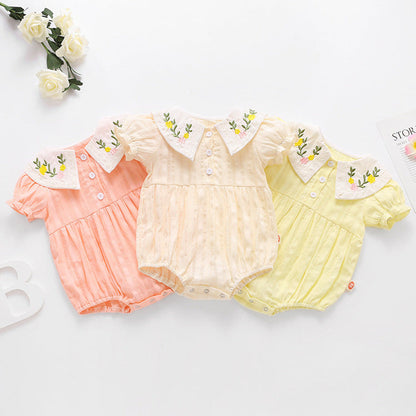 MyKids-USA® Baby Girl Floral Embroidery Design Solid Color Short-Sleeved bodysuit In Outside Wearing