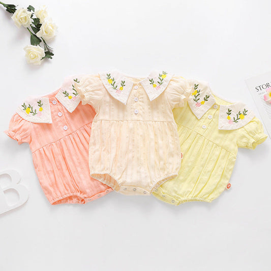 MyKids-USA® Baby Girl Floral Embroidery Design Solid Color Short-Sleeved bodysuit In Outside Wearing