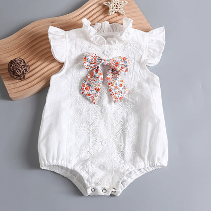 MyKids-USA® Baby Girl Embroidery Pattern Round Neck Mullet Design Sleeveless Cardigan bodysuit With Bow Decorations
