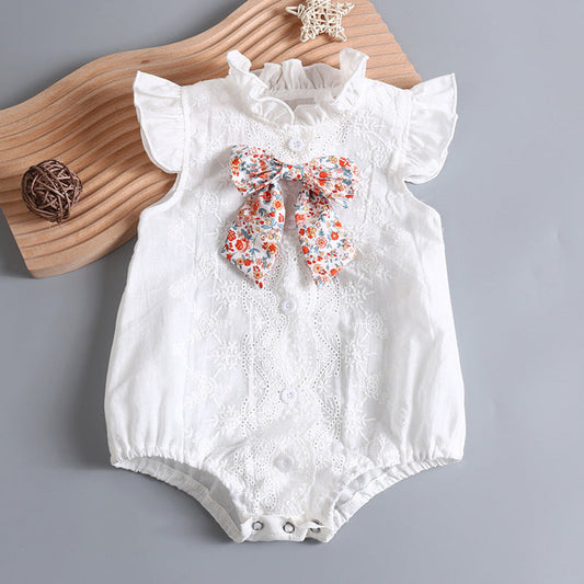 MyKids-USA® Baby Girl Embroidery Pattern Round Neck Mullet Design Sleeveless Cardigan bodysuit With Bow Decorations