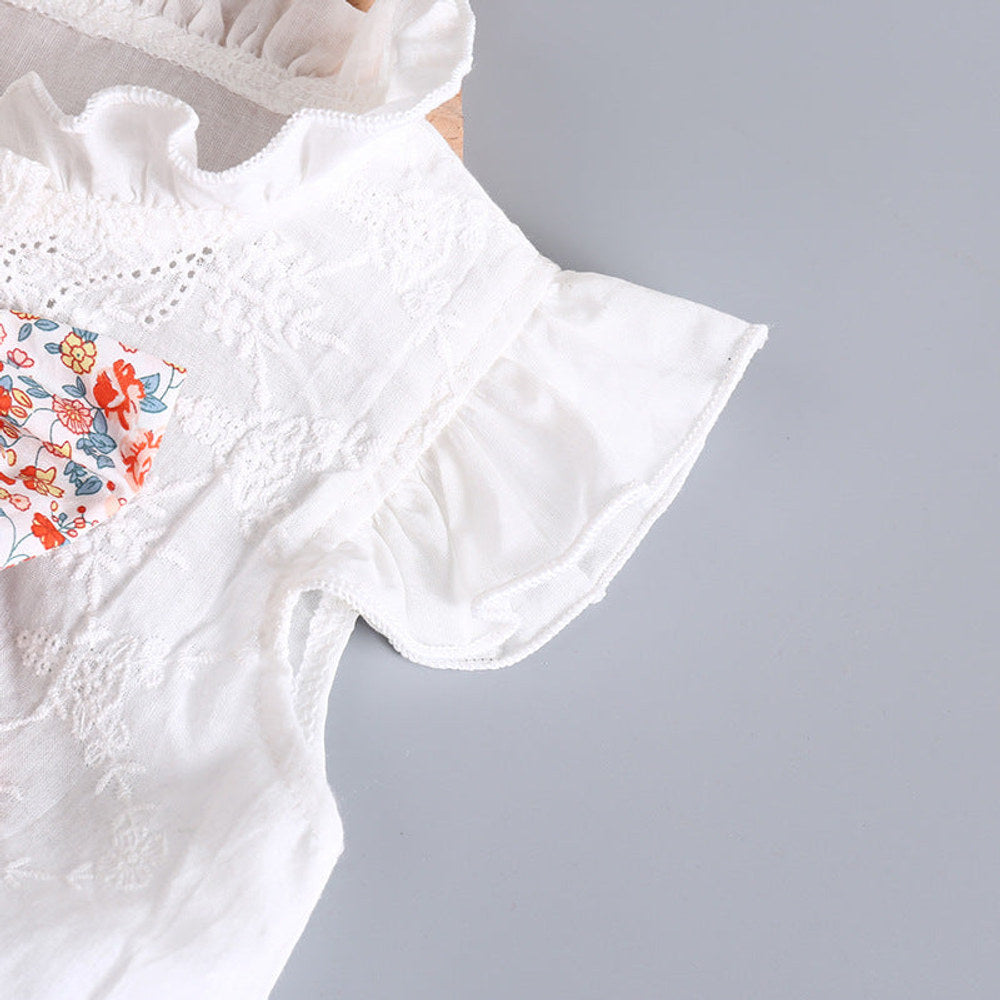 MyKids-USA® Baby Girl Embroidery Pattern Round Neck Mullet Design Sleeveless Cardigan bodysuit With Bow Decorations