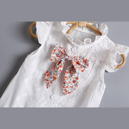 MyKids-USA® Baby Girl Embroidery Pattern Round Neck Mullet Design Sleeveless Cardigan bodysuit With Bow Decorations