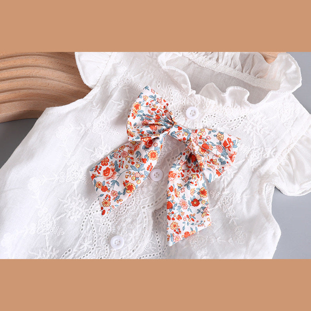 MyKids-USA® Baby Girl Embroidery Pattern Round Neck Mullet Design Sleeveless Cardigan bodysuit With Bow Decorations