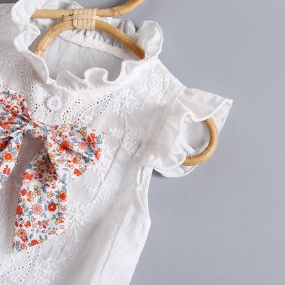 MyKids-USA® Baby Girl Embroidery Pattern Round Neck Mullet Design Sleeveless Cardigan bodysuit With Bow Decorations
