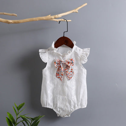 MyKids-USA® Baby Girl Embroidery Pattern Round Neck Mullet Design Sleeveless Cardigan bodysuit With Bow Decorations