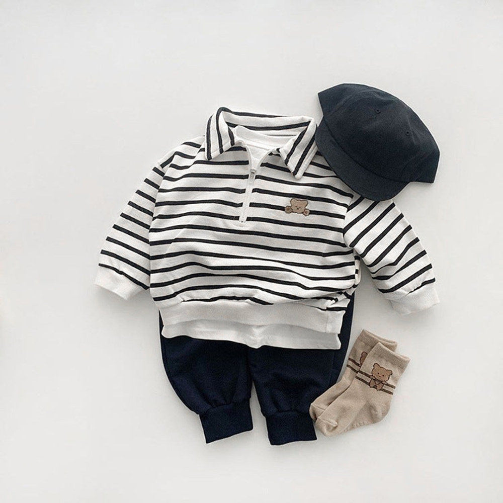 MyKids-USA® Baby Cute Bear Embroidered & Striped Pattern Polo Neck Cotton Hoodies