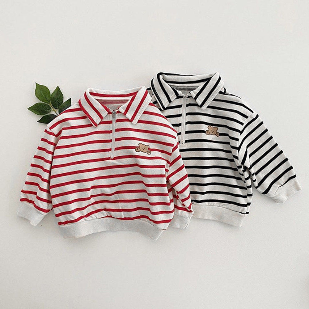 MyKids-USA® Baby Cute Bear Embroidered & Striped Pattern Polo Neck Cotton Hoodies