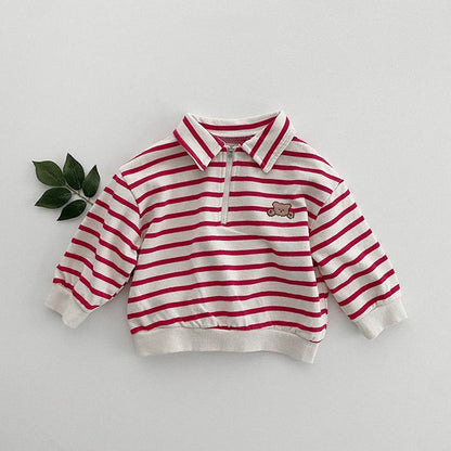MyKids-USA® Baby Cute Bear Embroidered & Striped Pattern Polo Neck Cotton Hoodies