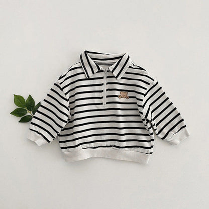 MyKids-USA® Baby Cute Bear Embroidered & Striped Pattern Polo Neck Cotton Hoodies