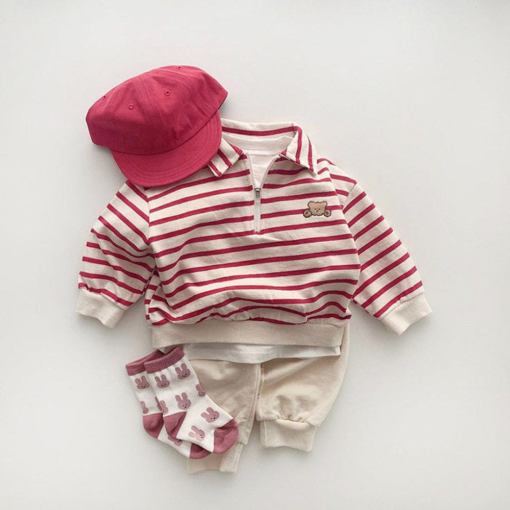MyKids-USA® Baby Cute Bear Embroidered & Striped Pattern Polo Neck Cotton Hoodies