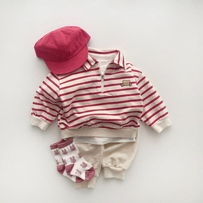MyKids-USA® Baby Cute Bear Embroidered & Striped Pattern Polo Neck Cotton Hoodies
