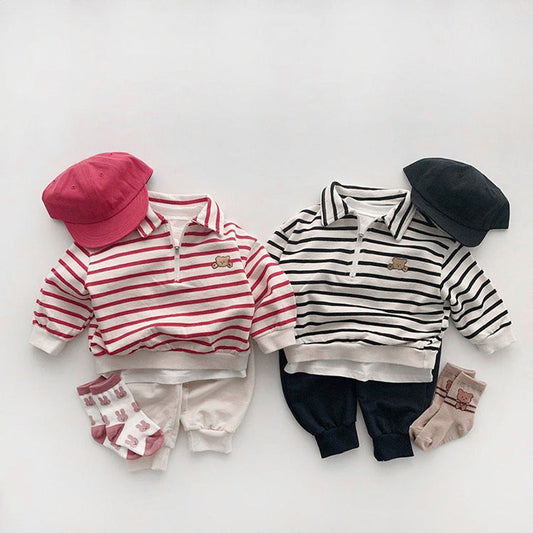 MyKids-USA® Baby Cute Bear Embroidered & Striped Pattern Polo Neck Cotton Hoodies