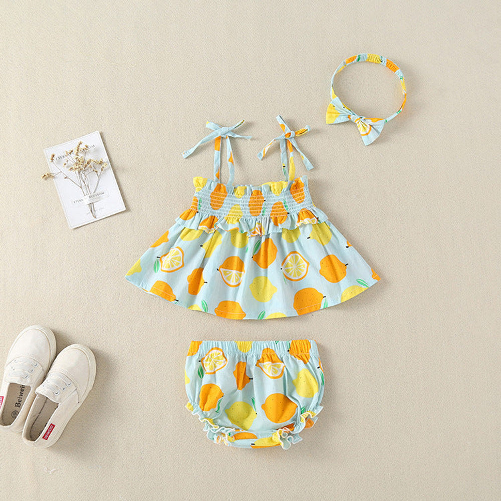 MyKids-USA® Baby Girl Lemon Fruit Print Sleeveless Dress Combo Short Pants In Sets