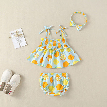 MyKids-USA® Baby Girl Lemon Fruit Print Sleeveless Dress Combo Short Pants In Sets