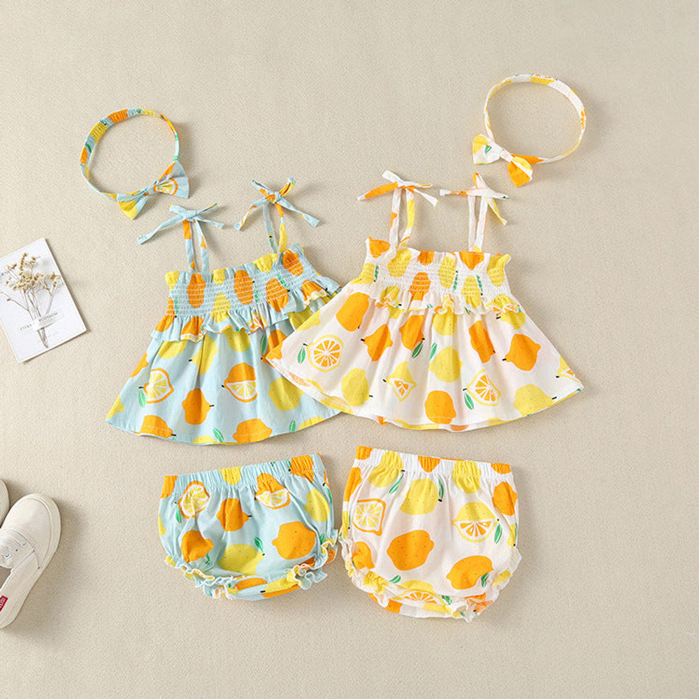 MyKids-USA® Baby Girl Lemon Fruit Print Sleeveless Dress Combo Short Pants In Sets