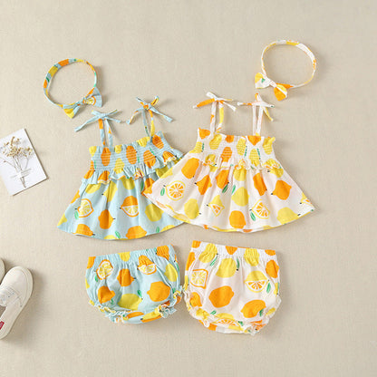 MyKids-USA® Baby Girl Lemon Fruit Print Sleeveless Dress Combo Short Pants In Sets