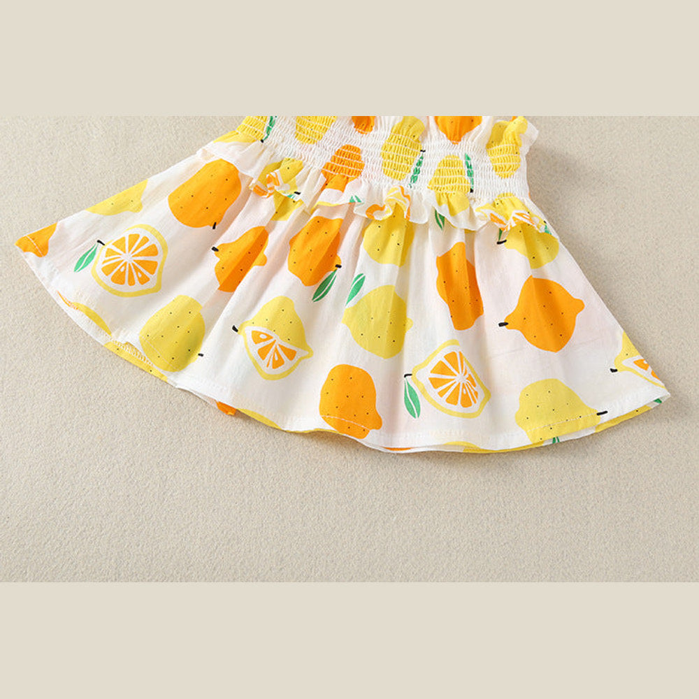 MyKids-USA® Baby Girl Lemon Fruit Print Sleeveless Dress Combo Short Pants In Sets