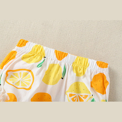 MyKids-USA® Baby Girl Lemon Fruit Print Sleeveless Dress Combo Short Pants In Sets