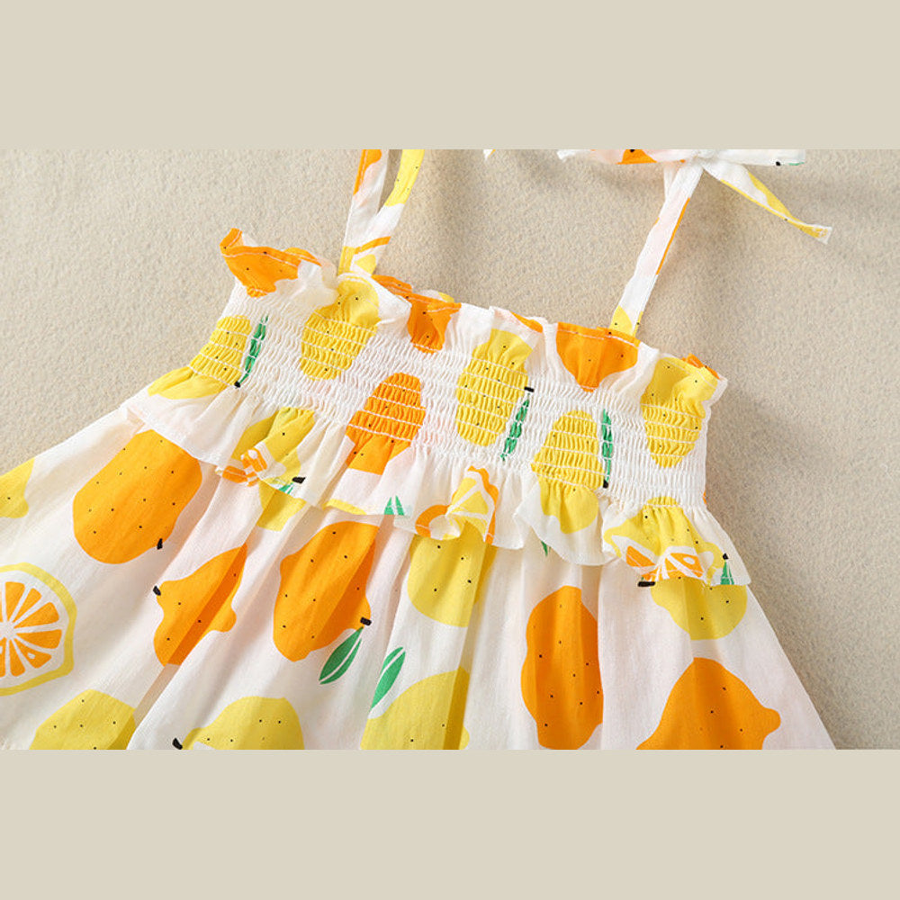 MyKids-USA® Baby Girl Lemon Fruit Print Sleeveless Dress Combo Short Pants In Sets