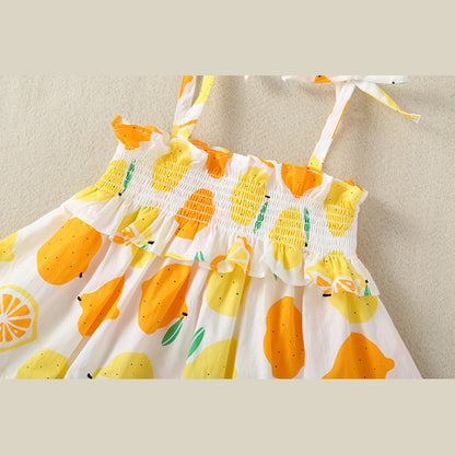 MyKids-USA® Baby Girl Lemon Fruit Print Sleeveless Dress Combo Short Pants In Sets