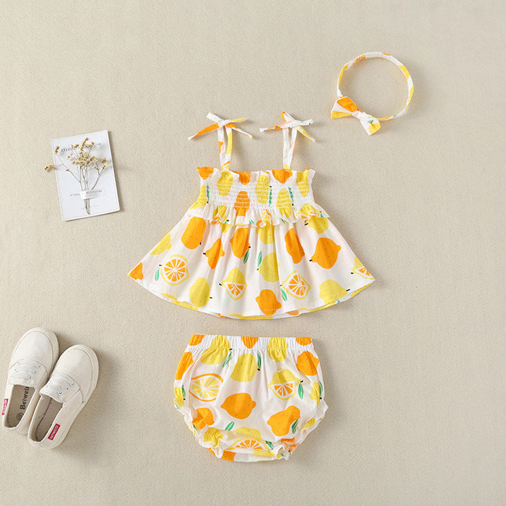 MyKids-USA® Baby Girl Lemon Fruit Print Sleeveless Dress Combo Short Pants In Sets