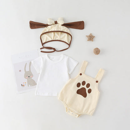 MyKids-USA® Baby Kids Puppy Print Pattern Short Sleeves With Straps bodysuit In Set With Hat Of Puppy Shape