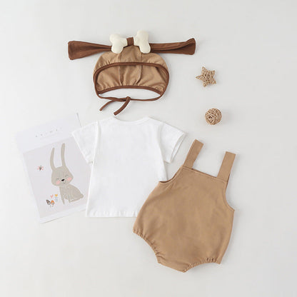 MyKids-USA® Baby Kids Puppy Print Pattern Short Sleeves With Straps bodysuit In Set With Hat Of Puppy Shape