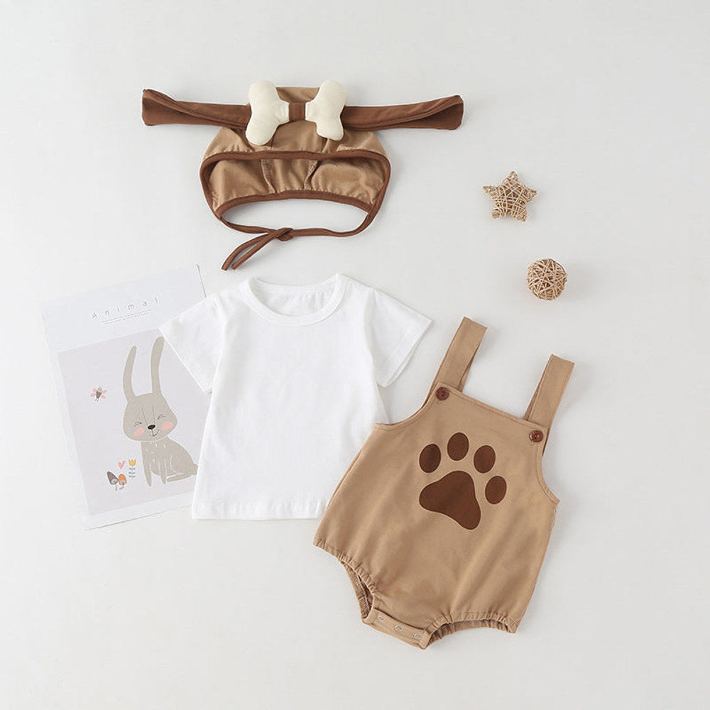 MyKids-USA® Baby Kids Puppy Print Pattern Short Sleeves With Straps bodysuit In Set With Hat Of Puppy Shape