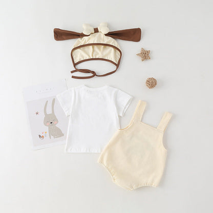 MyKids-USA® Baby Kids Puppy Print Pattern Short Sleeves With Straps bodysuit In Set With Hat Of Puppy Shape