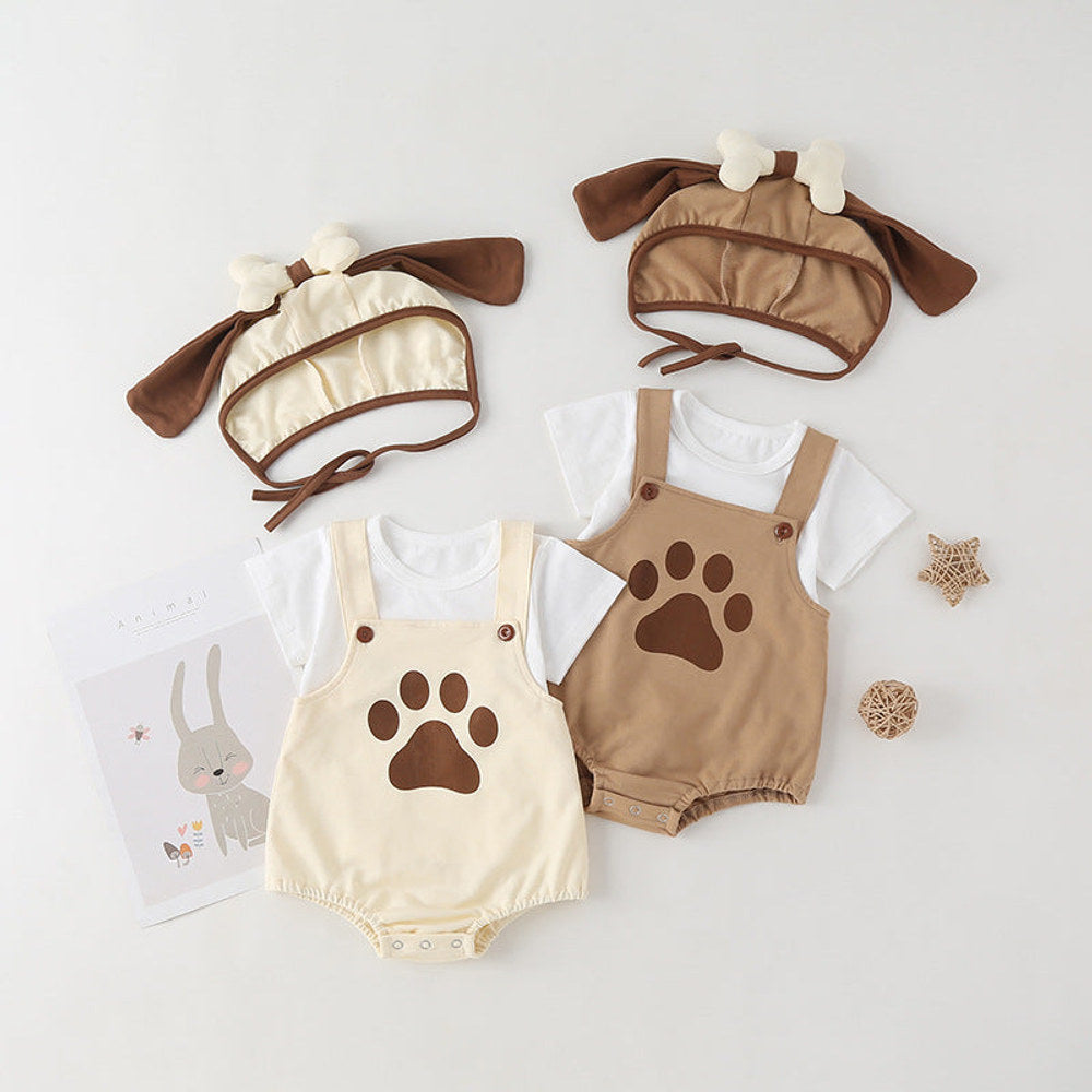 MyKids-USA® Baby Kids Puppy Print Pattern Short Sleeves With Straps bodysuit In Set With Hat Of Puppy Shape