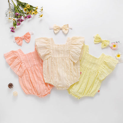 MyKids-USA® Baby Girl Solid Color Square Collar Design Short-Sleeved bodysuit With Headband In Outside Wearing