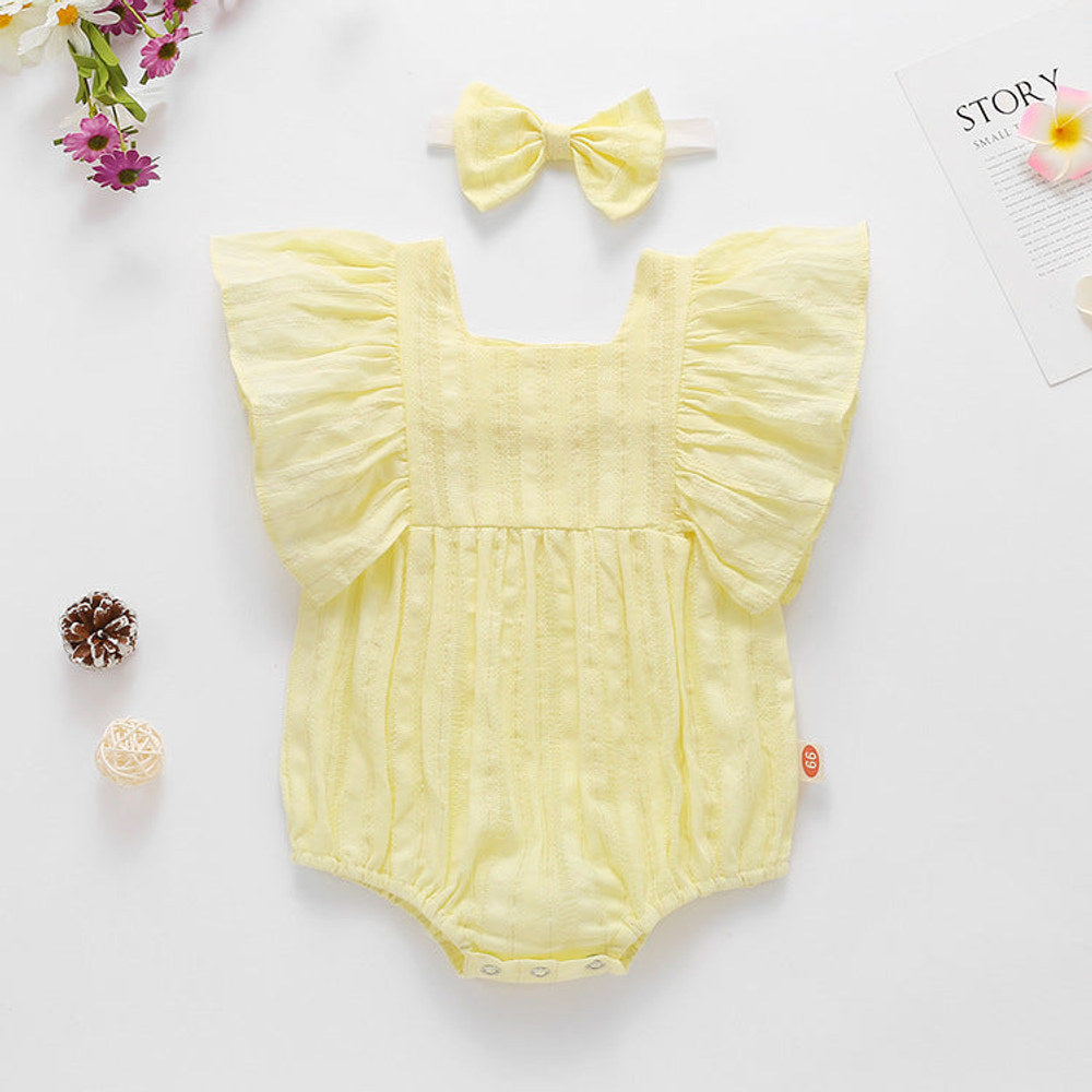 MyKids-USA® Baby Girl Solid Color Square Collar Design Short-Sleeved bodysuit With Headband In Outside Wearing