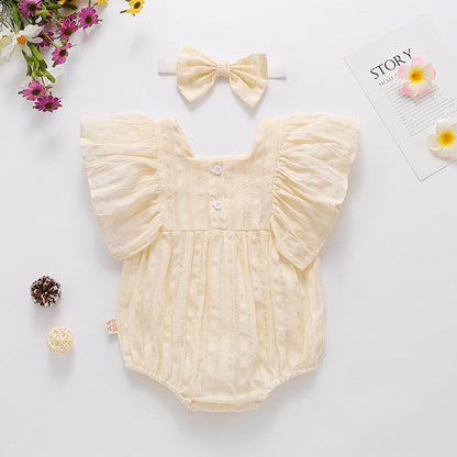 MyKids-USA® Baby Girl Solid Color Square Collar Design Short-Sleeved bodysuit With Headband In Outside Wearing