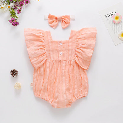 MyKids-USA® Baby Girl Solid Color Square Collar Design Short-Sleeved bodysuit With Headband In Outside Wearing