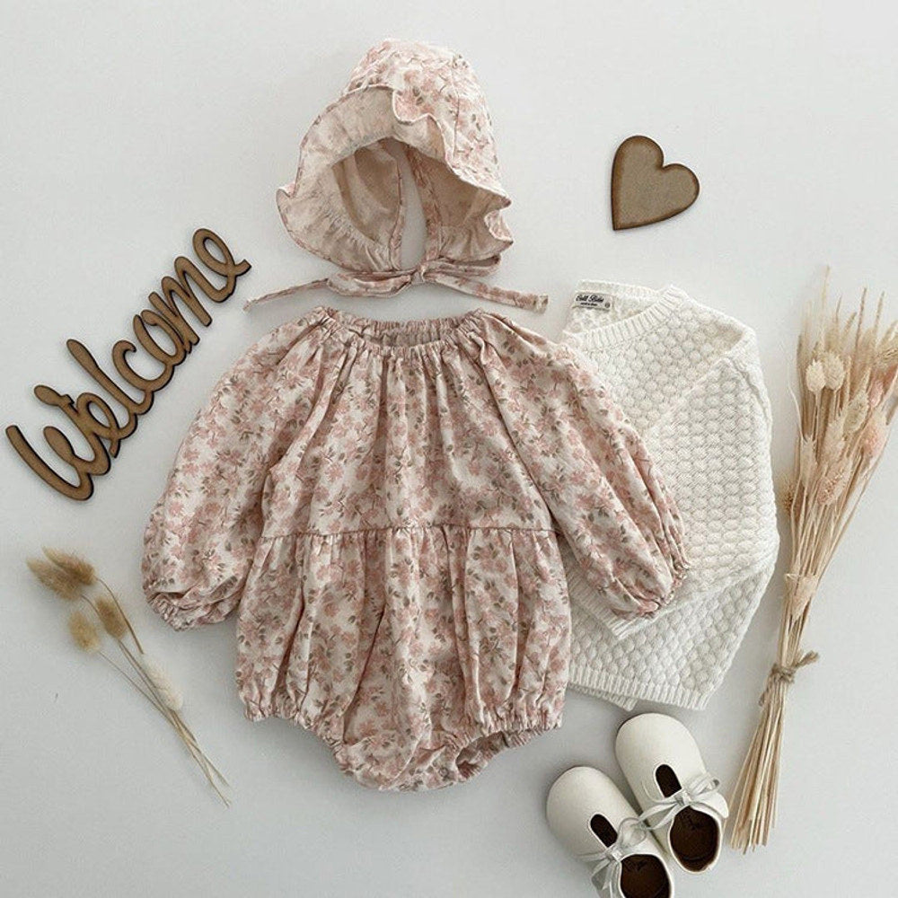 MyKids-USA® Baby Ditsy Flower Graphic Long Sleeves Flesh Style Cotton Bodysuit With Hat