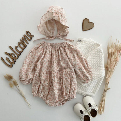 MyKids-USA® Baby Ditsy Flower Graphic Long Sleeves Flesh Style Cotton Bodysuit With Hat