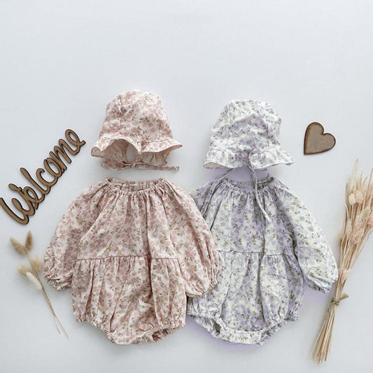 MyKids-USA® Baby Ditsy Flower Graphic Long Sleeves Flesh Style Cotton Bodysuit With Hat