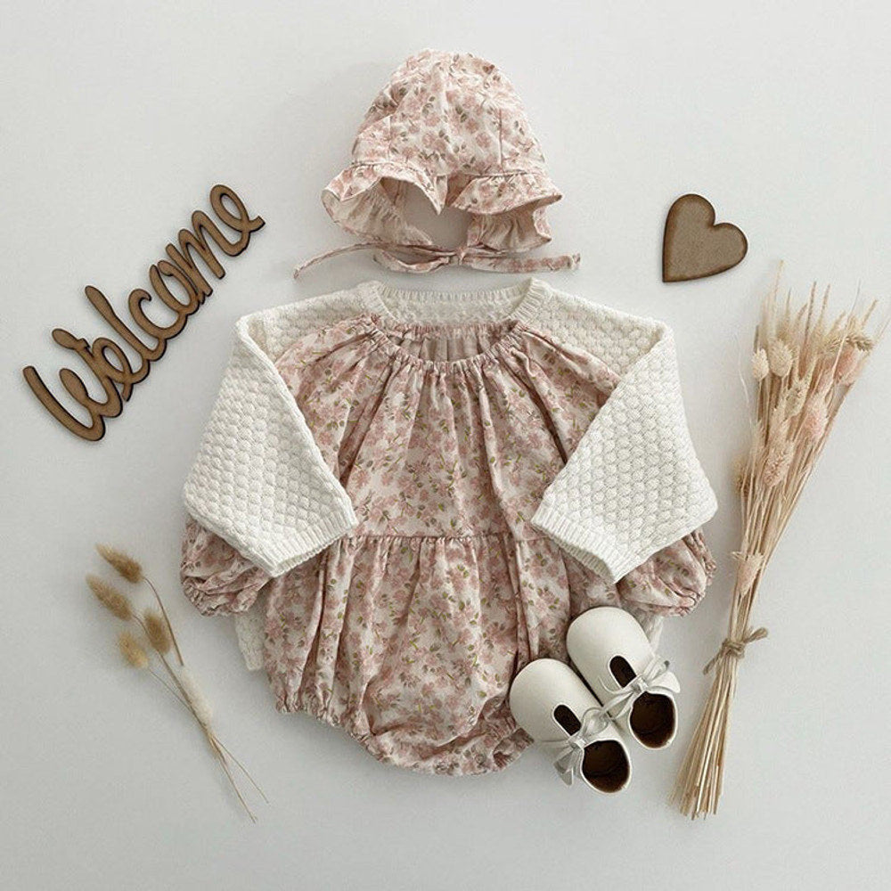 MyKids-USA® Baby Ditsy Flower Graphic Long Sleeves Flesh Style Cotton Bodysuit With Hat