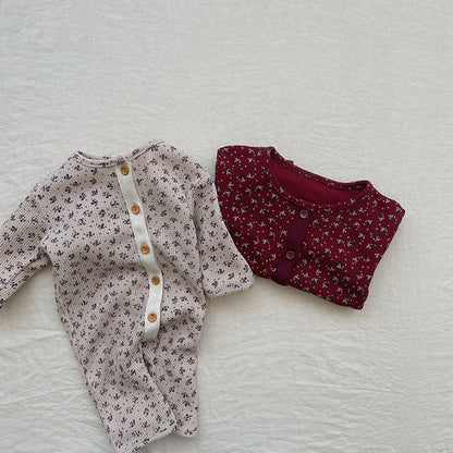 MyKids-USA® Baby Ditsy Flower Pattern Full Button Design Waffle Knit Rompers
