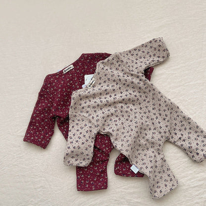 MyKids-USA® Baby Ditsy Flower Pattern Full Button Design Waffle Knit Rompers