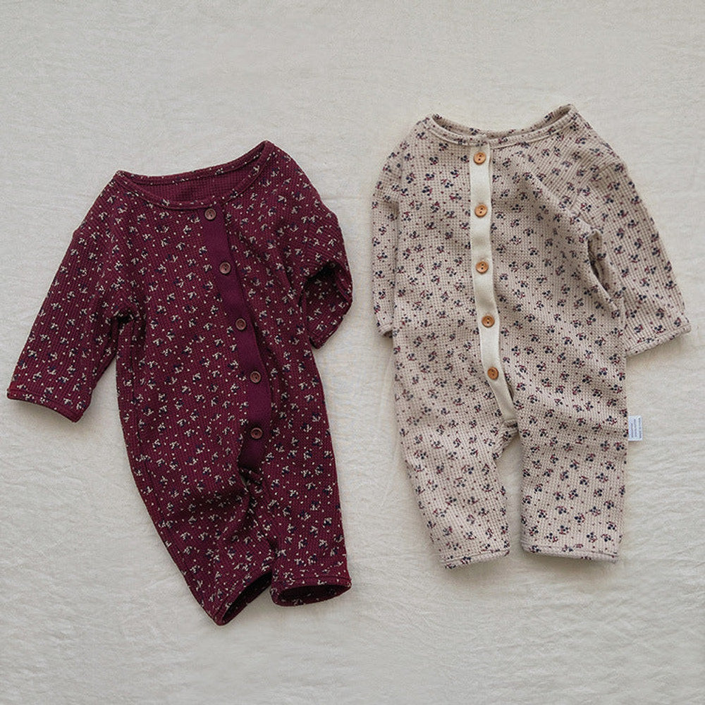 MyKids-USA® Baby Ditsy Flower Pattern Full Button Design Waffle Knit Rompers
