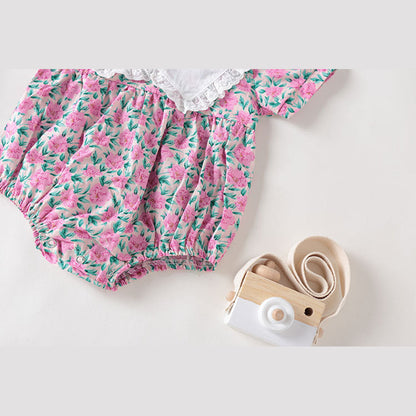 MyKids-USA® Baby Girl Floral Print Pattern Lace Collar Patchwork Baby bodysuit Short Sleeve