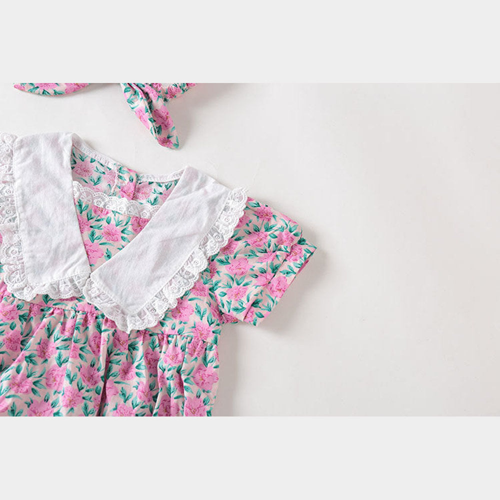 MyKids-USA® Baby Girl Floral Print Pattern Lace Collar Patchwork Baby bodysuit Short Sleeve