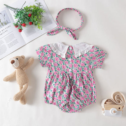 MyKids-USA® Baby Girl Floral Print Pattern Lace Collar Patchwork Baby bodysuit Short Sleeve