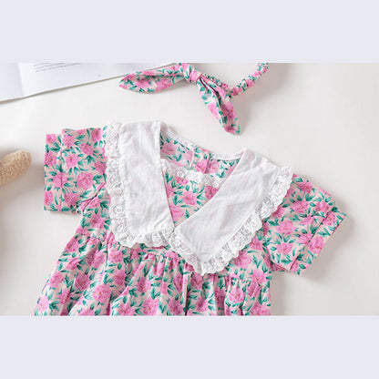 MyKids-USA® Baby Girl Floral Print Pattern Lace Collar Patchwork Baby bodysuit Short Sleeve